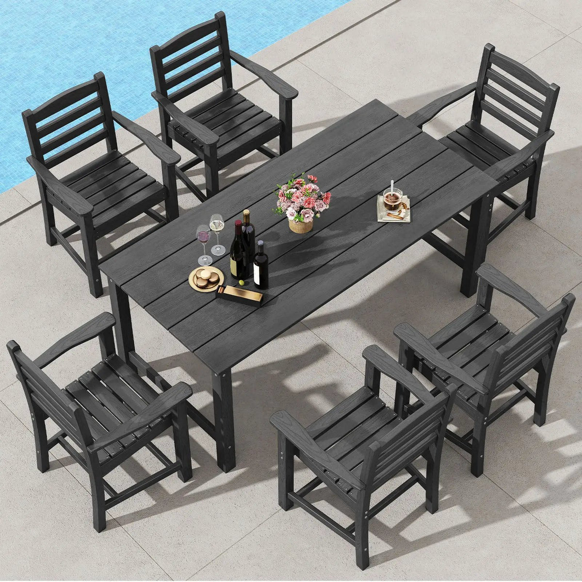 7 Pieces Outdoor Dining Table Set for 6 People 67 Inch HDPE Patio Rectangle Table and 6 Armchairs, photo 3 of 16