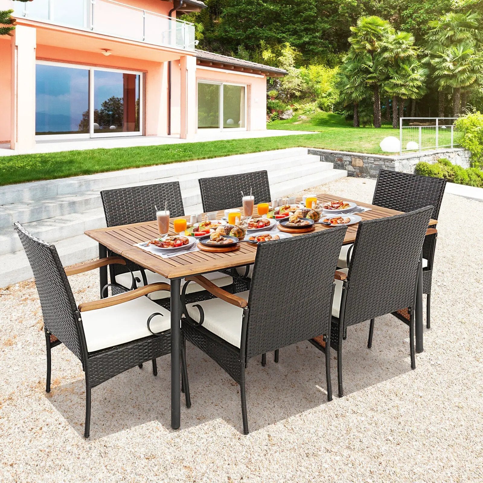 7 Pieces Patio Wicker Dining Set with Detachable Cushion and Umbrella Hole by DirectDeals