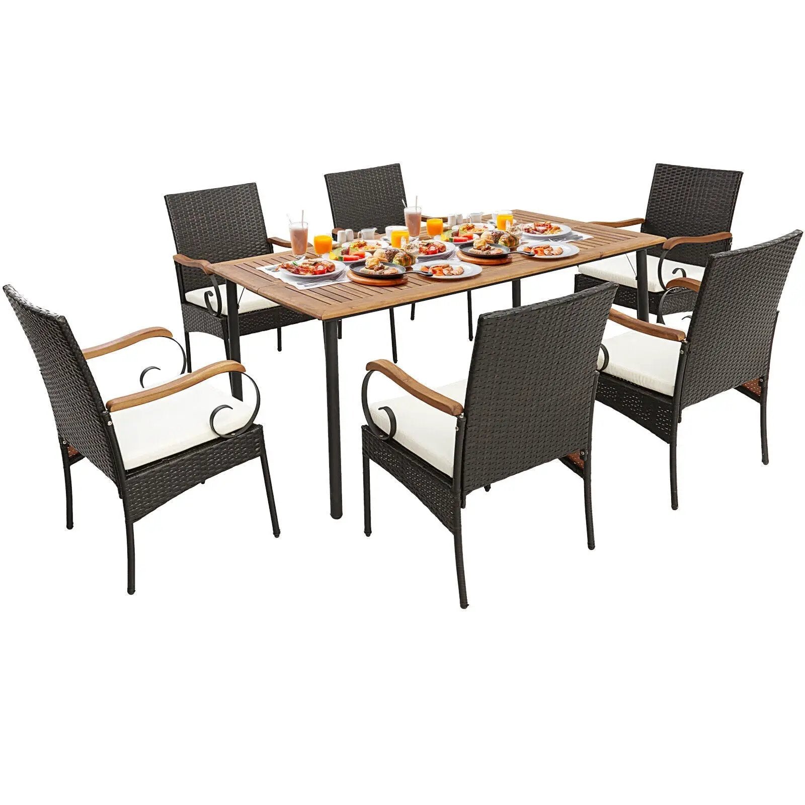 7 Pieces Patio Wicker Dining Set with Detachable Cushion and Umbrella Hole by DirectDeals