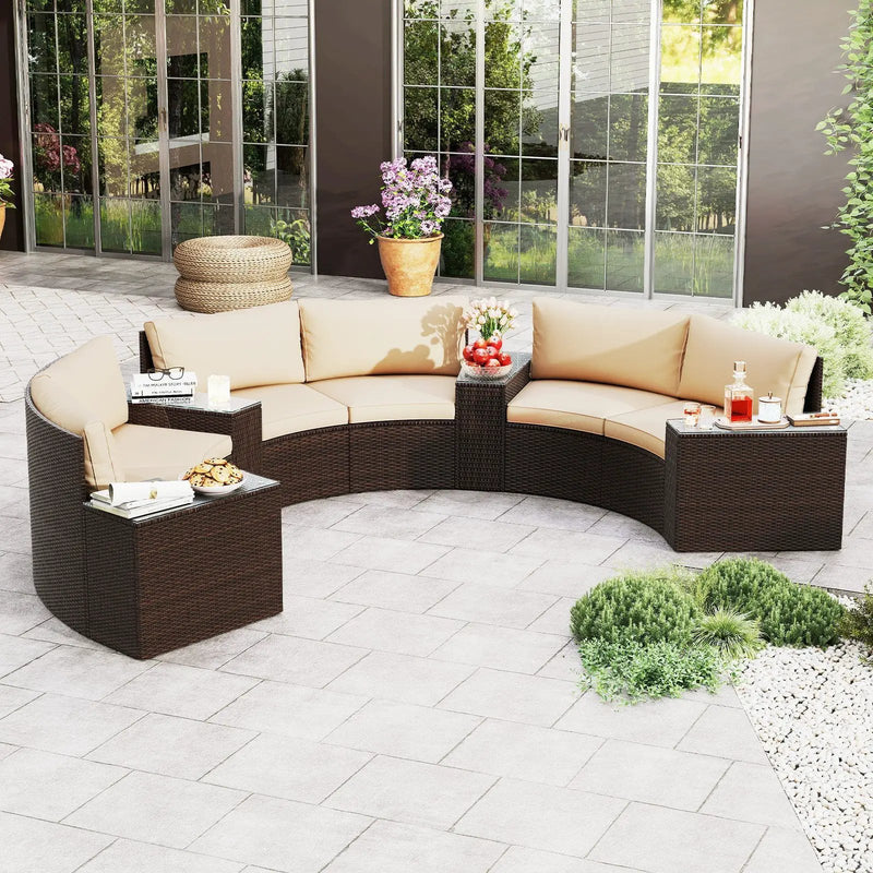 7 Pieces Patio Furniture Set PE Rattan Half-Moon Curved Sofas with Side Tables-Brown by DirectDeals