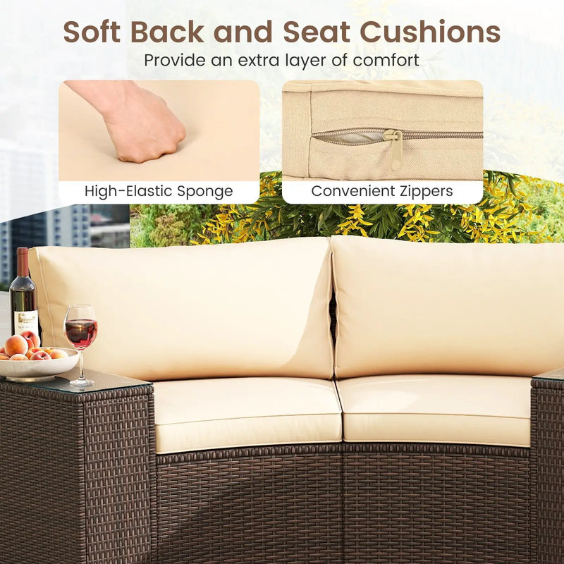 7 Pieces Patio Furniture Set PE Rattan Half-Moon Curved Sofas with Side Tables-Brown by DirectDeals