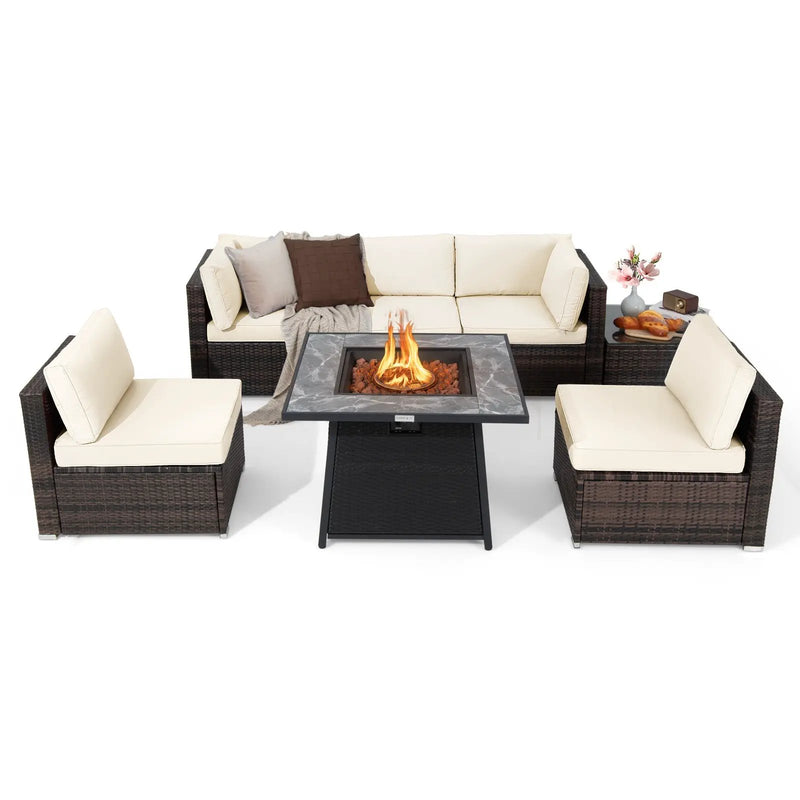 7 Pieces Patio Furniture Set with 35 Inches 50000 BTU Propane Gas Fire Pit Table and Waterproof Cover for Firpit by DirectDeals