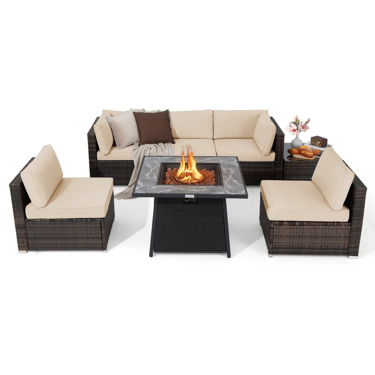 7 Pieces Patio Furniture Set with 35 Inches 50000 BTU Propane Gas Fire Pit Table and Waterproof Cover for Firpit, photo 3 of 12
