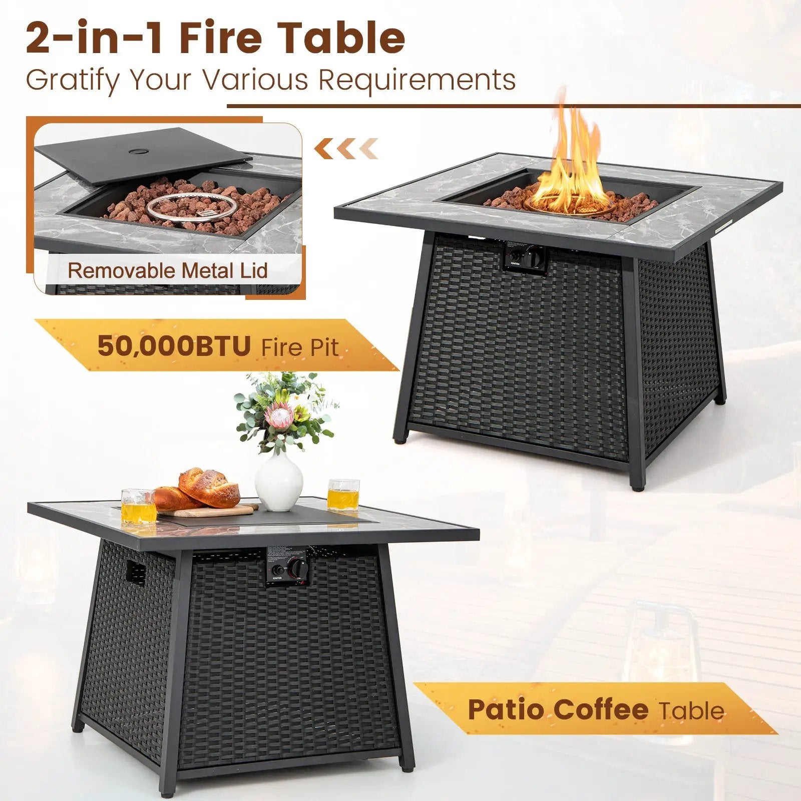 7 Pieces Patio Furniture Set with 35 Inches 50000 BTU Propane Gas Fire Pit Table and Waterproof Cover for Firpit by DirectDeals