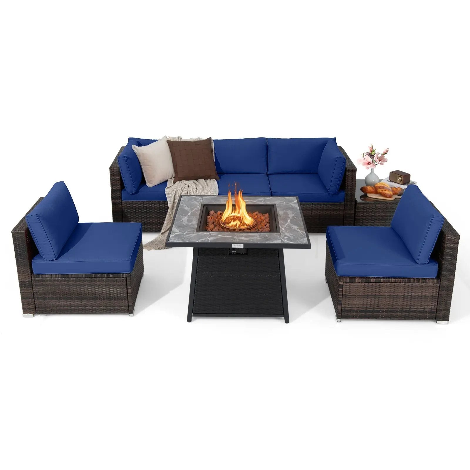 7 Pieces Patio Furniture Set with 35 Inches 50000 BTU Propane Gas Fire Pit Table and Waterproof Cover for Firpit by DirectDeals