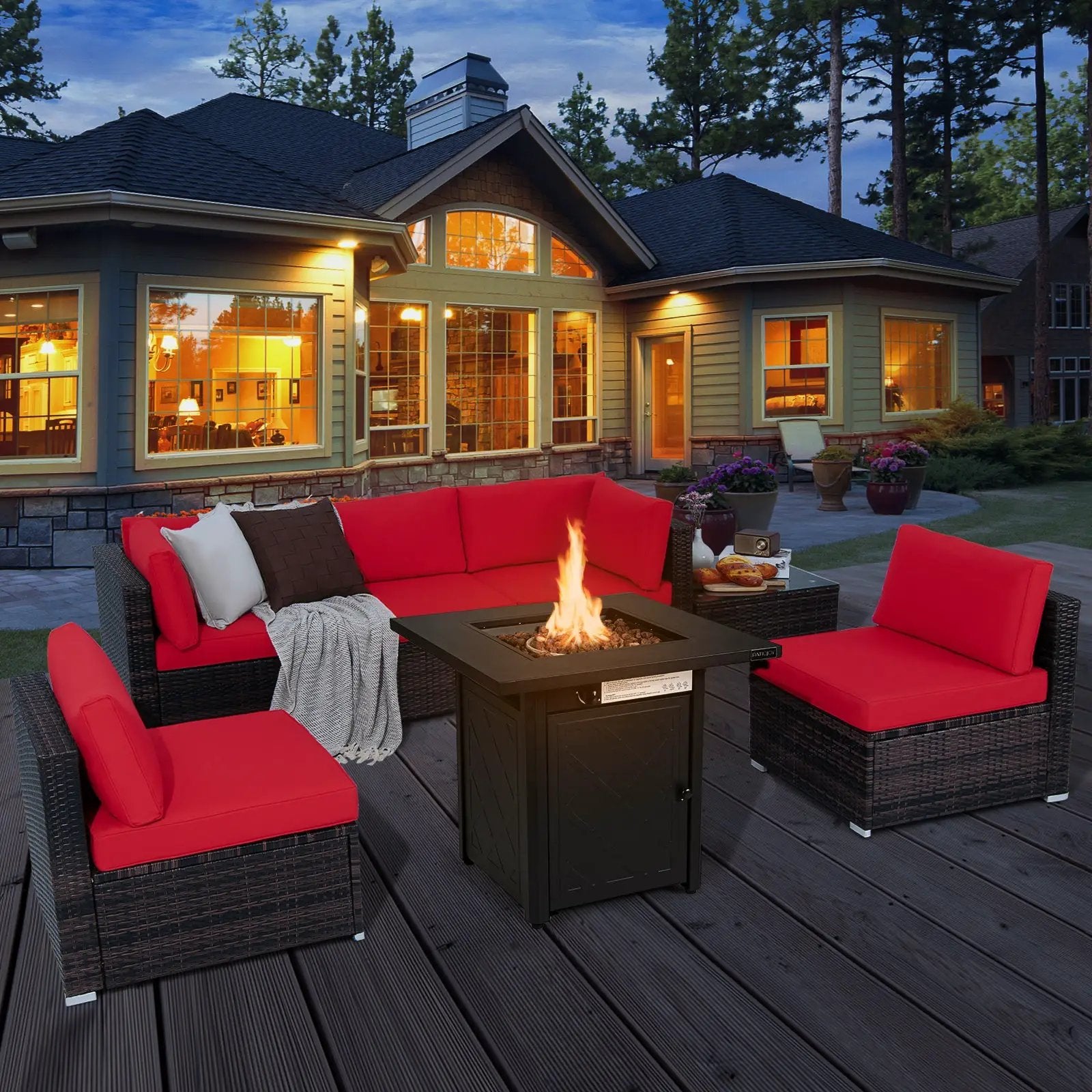 7 Pieces Patio Furniture Set with 28 Inches 50000 BTU Propane Gas Fire Pit Table by DirectDeals