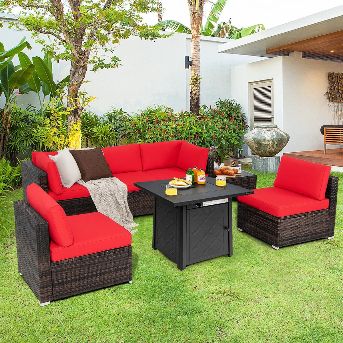 7 Pieces Patio Furniture Set with 28 Inches 50000 BTU Propane Gas Fire Pit Table, photo 2 of 10
