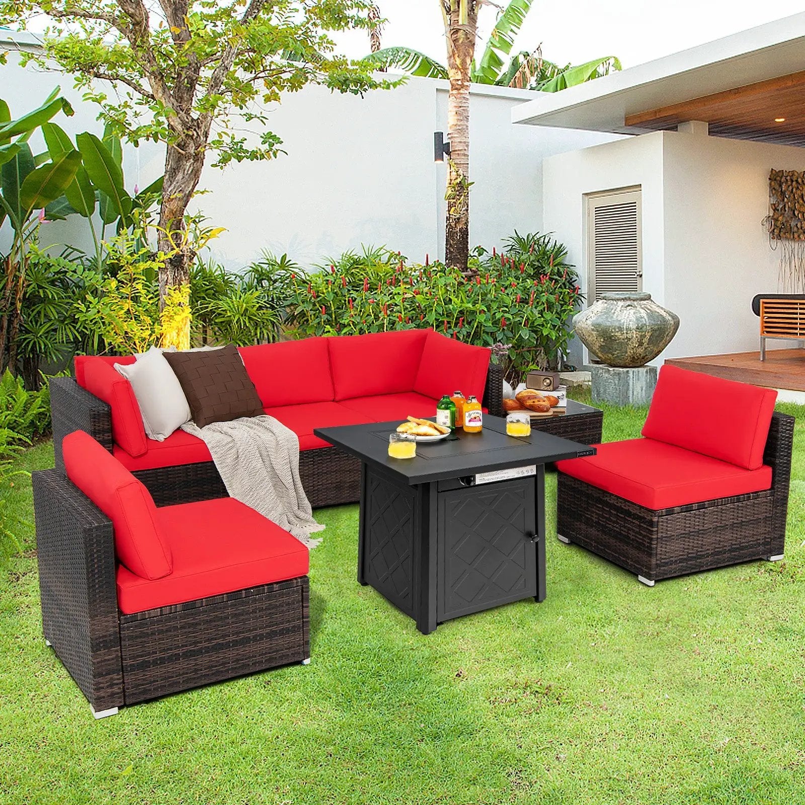 7 Pieces Patio Furniture Set with 28 Inches 50000 BTU Propane Gas Fire Pit Table by DirectDeals