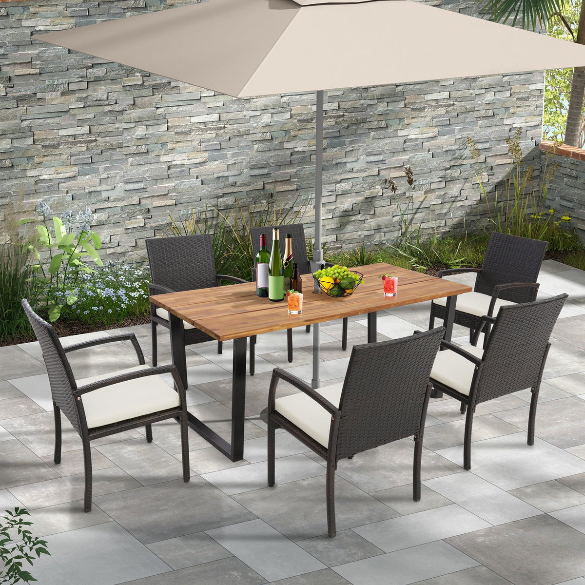 7 Pieces Patio Rattan Dining Set with Umbrella Hole-L, photo 2 of 11