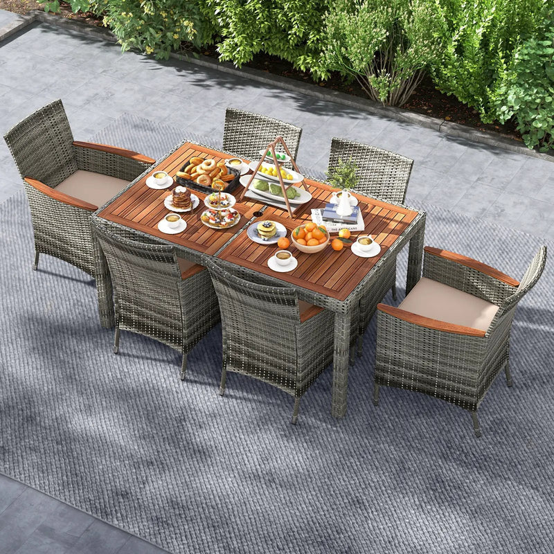 7 Pieces Patio Acacia Wood Cushioned PE Rattan Wicker Dining Set by DirectDeals