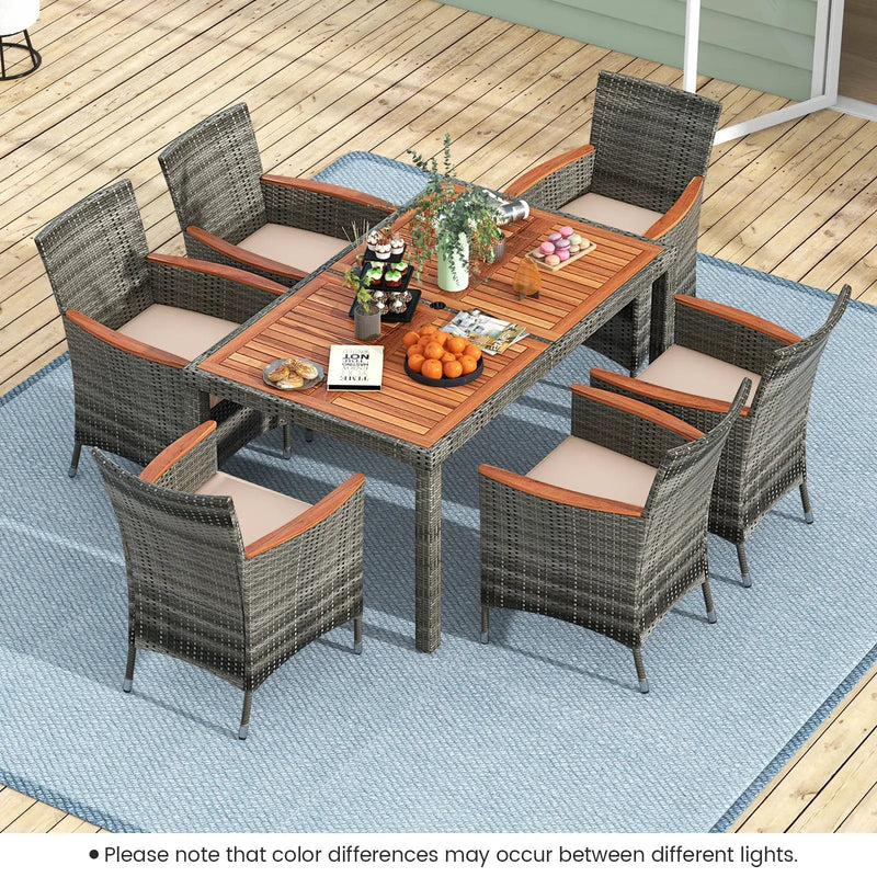 7 Pieces Patio Acacia Wood Cushioned PE Rattan Wicker Dining Set by DirectDeals