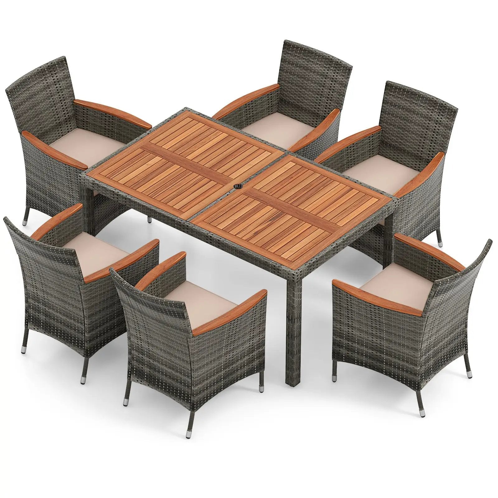 7 Pieces Patio Acacia Wood Cushioned PE Rattan Wicker Dining Set by DirectDeals