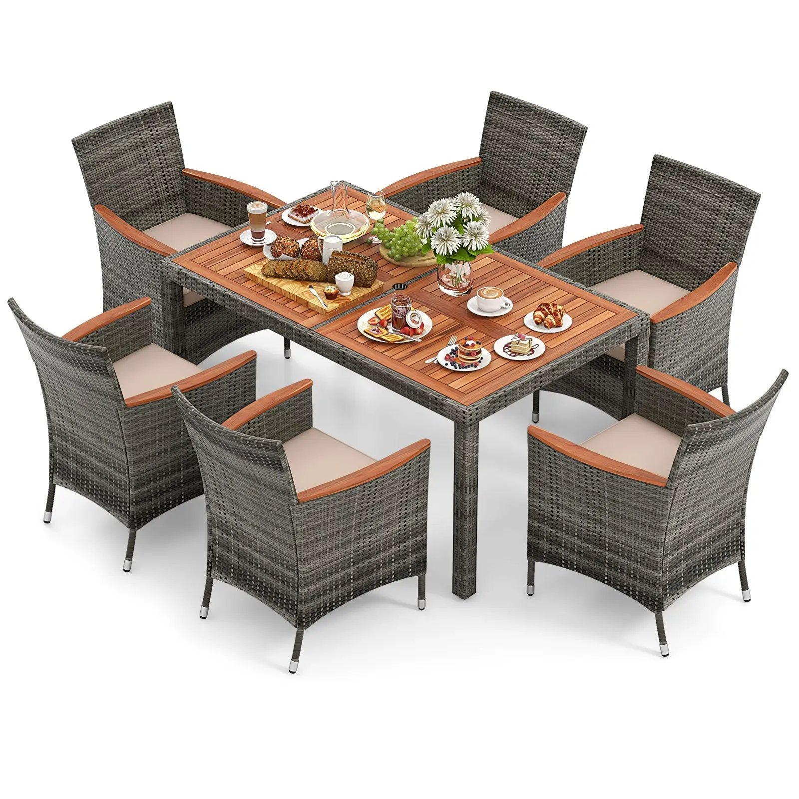 7 Pieces Patio Acacia Wood Cushioned PE Rattan Wicker Dining Set by DirectDeals