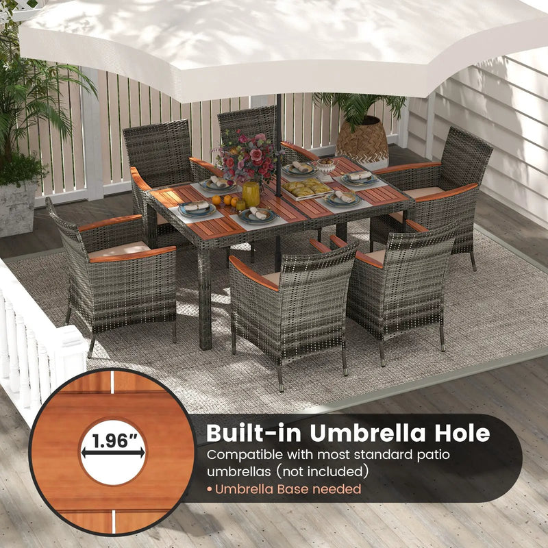 7 Pieces Patio Acacia Wood Cushioned PE Rattan Wicker Dining Set by DirectDeals