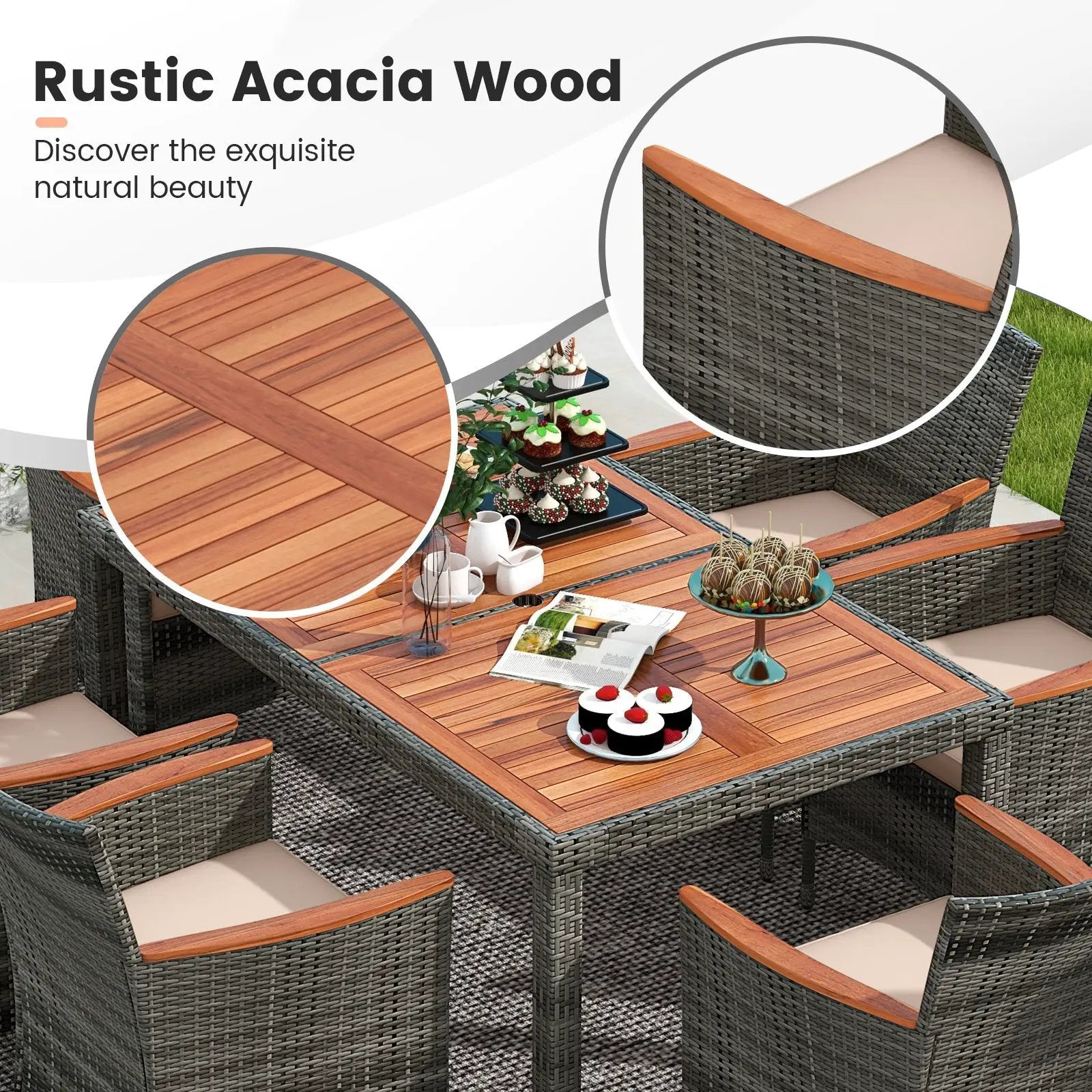 7 Pieces Patio Acacia Wood Cushioned PE Rattan Wicker Dining Set by DirectDeals