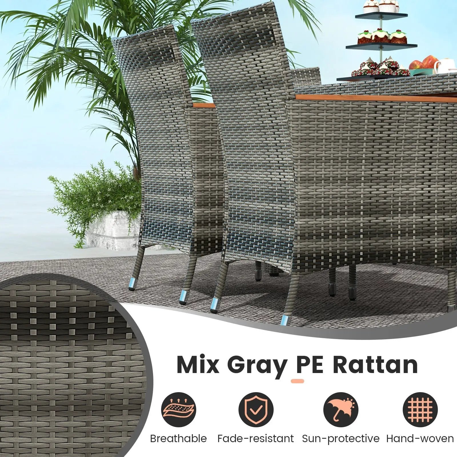 7 Pieces Patio Acacia Wood Cushioned PE Rattan Wicker Dining Set by DirectDeals