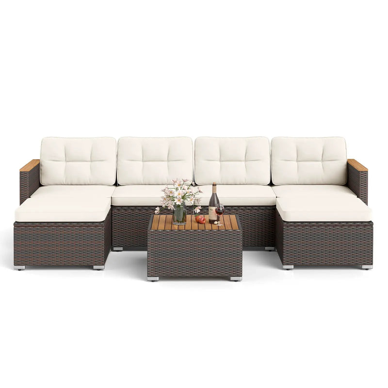 7 Pieces Wicker Conversation Set with Wood Armrests for Backyard-White by DirectDeals