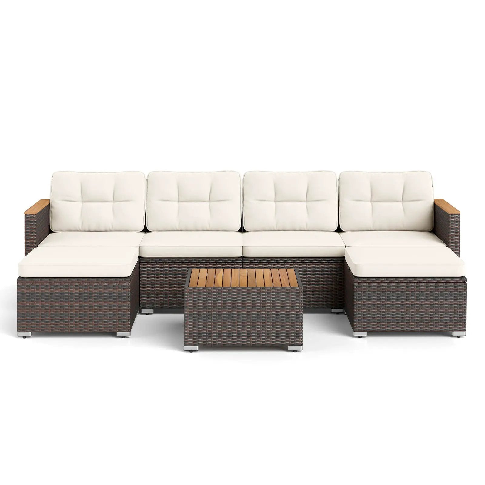 7 Pieces Wicker Conversation Set with Wood Armrests for Backyard-White by DirectDeals