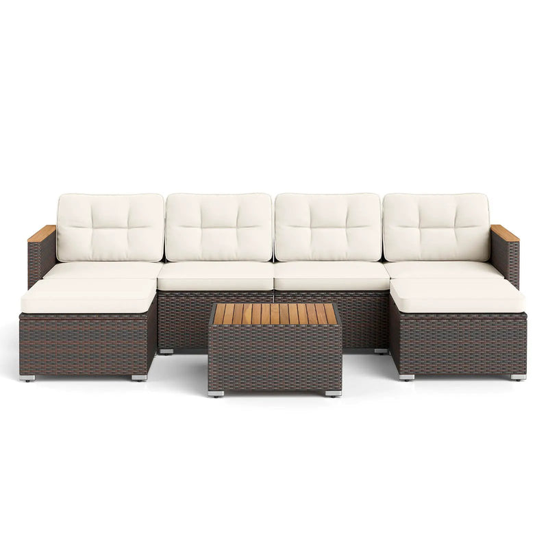 7 Pieces Wicker Conversation Set with Wood Armrests for Backyard-White by DirectDeals