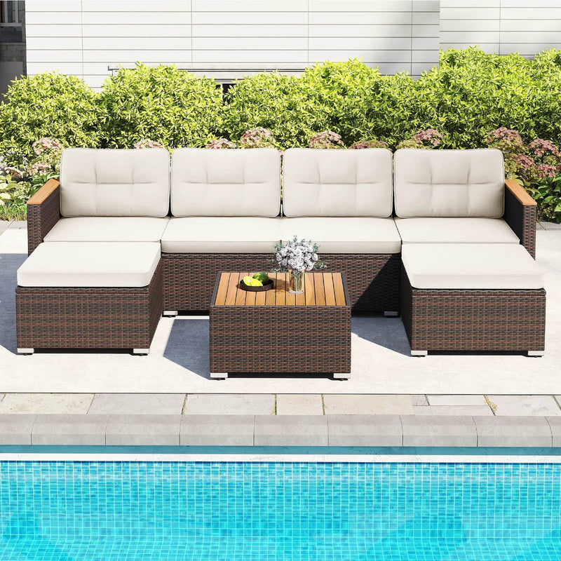 7 Pieces Wicker Conversation Set with Wood Armrests for Backyard-White by DirectDeals