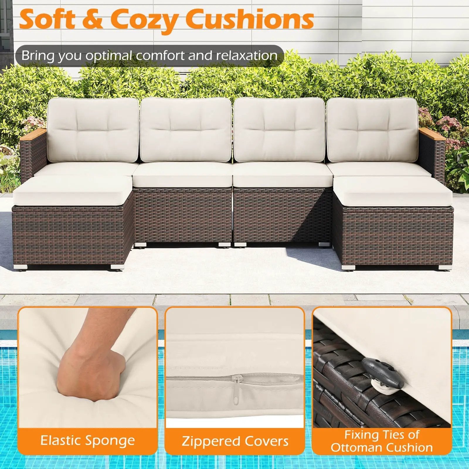 7 Pieces Wicker Conversation Set with Wood Armrests for Backyard-White by DirectDeals