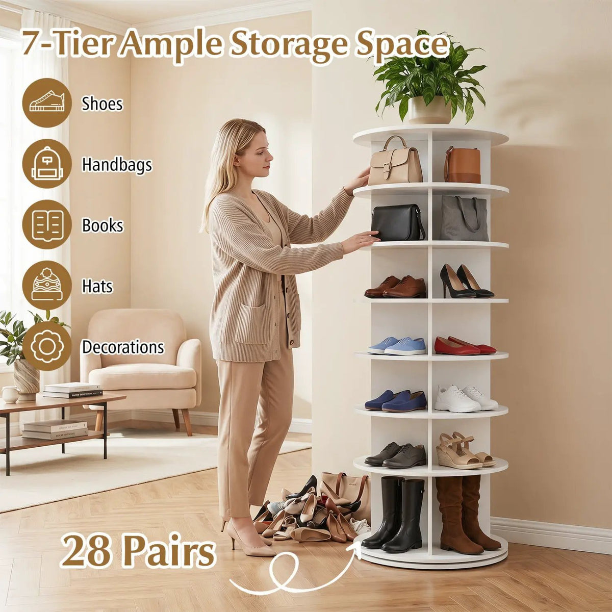 7-Tier Rotating Shoe Rack Tower with 360° Spin - White, photo 8 of 16