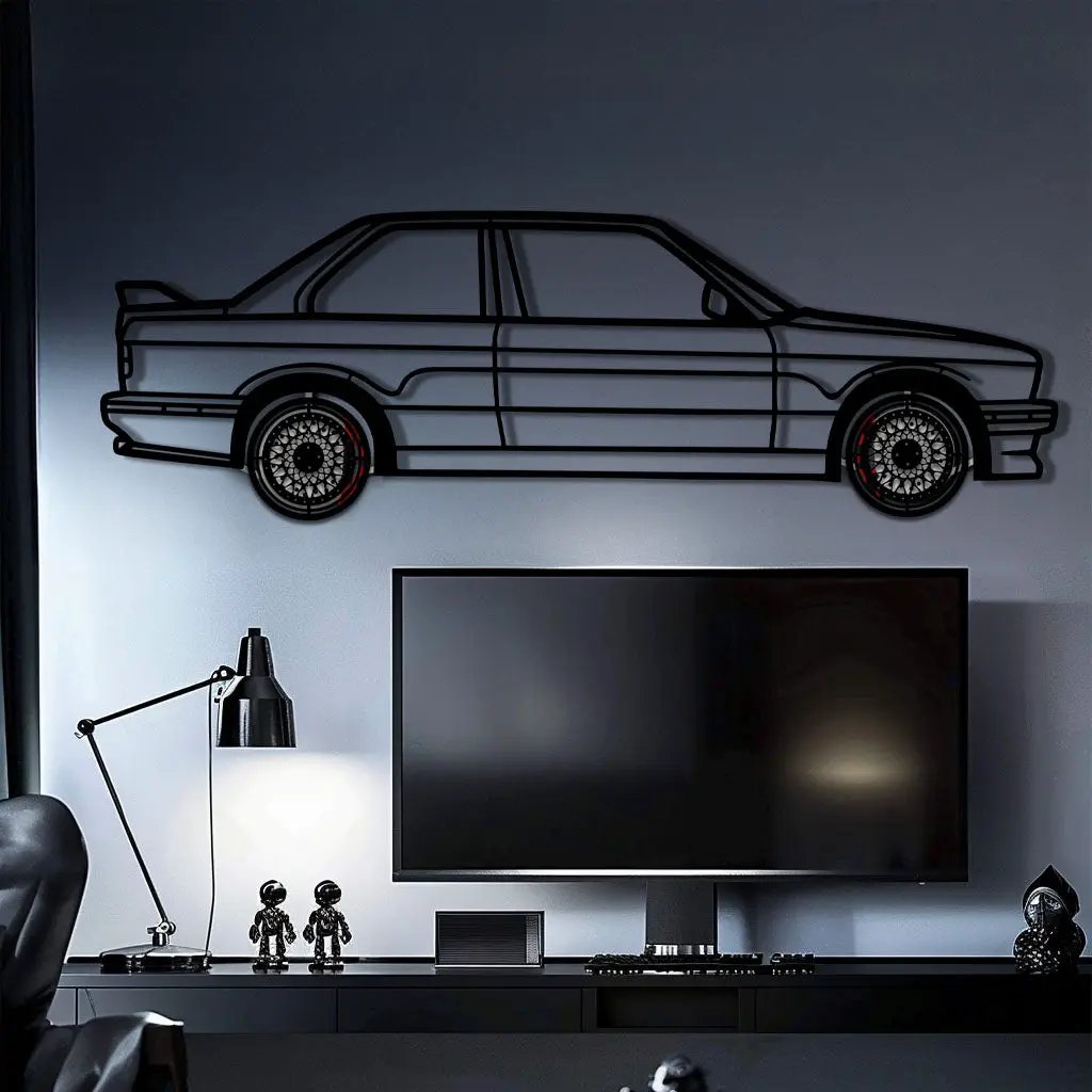 BMW E30 M3 Metal Car Wall Art with Rotating Wheels - Classic M Power Silhouette Decor - Interactive Automotive Wall Art - KAFMEKA100 by Enova Art