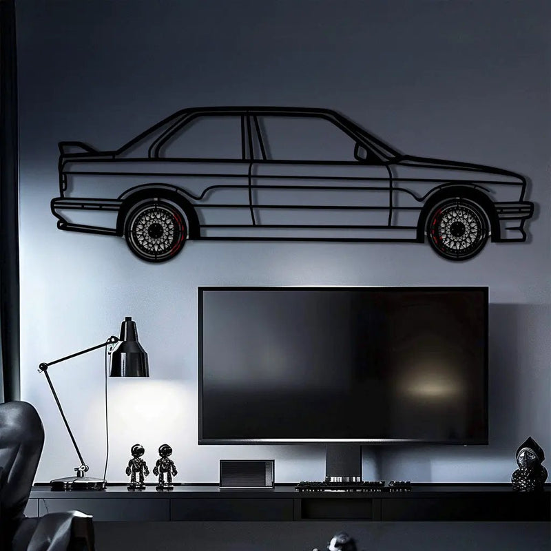 BMW E30 M3 Metal Car Wall Art with Rotating Wheels - Classic M Power Silhouette Decor - Interactive Automotive Wall Art - KAFMEKA100 by Enova Art