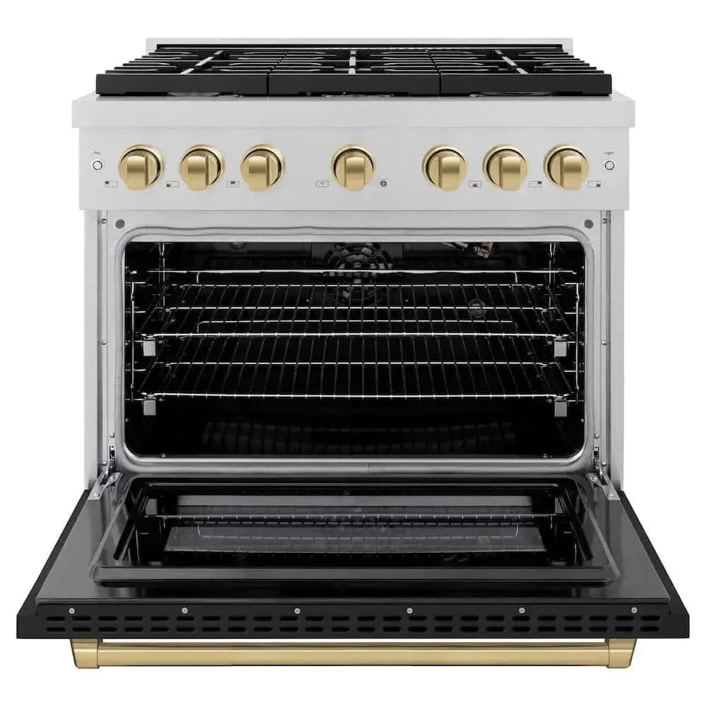 ZLINE 36"Gas Range, Convection Gas Oven, DuraSnow® Black Matte, Champagne Bronze SGRSZ-BLM-36-CB by Farmhouse Kitchen and Bath