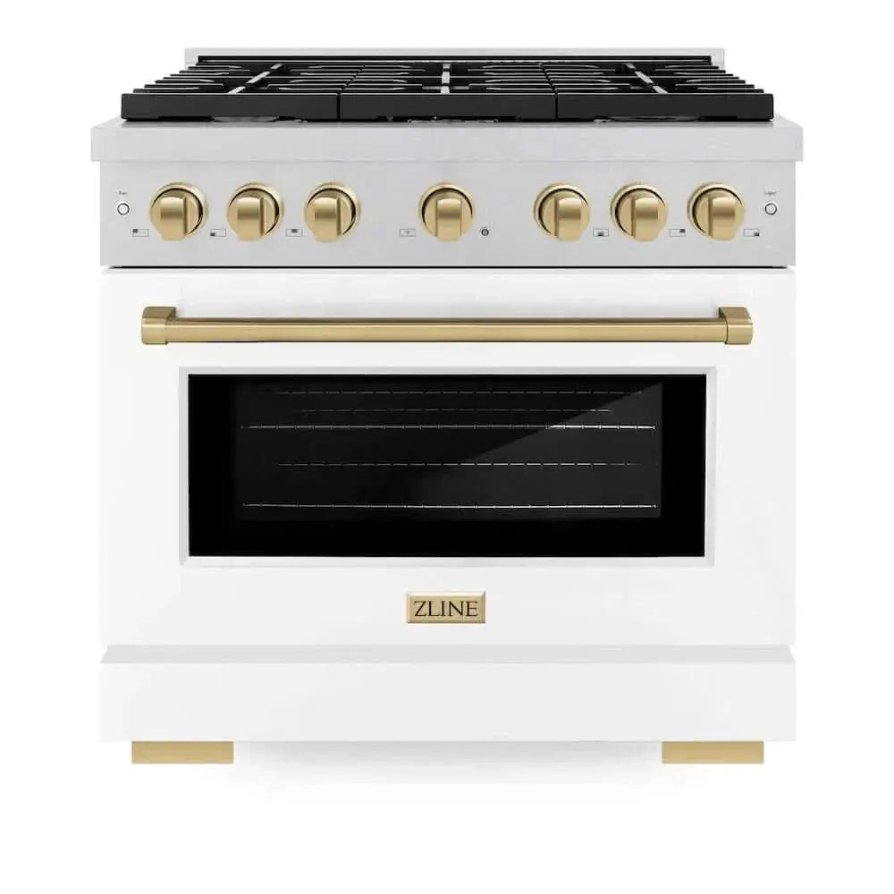 ZLINE 36"Gas Range, Convection Gas Oven, DuraSnow® White Matte, Champagne Bronze SGRSZ-WM-36-CB by Farmhouse Kitchen and Bath