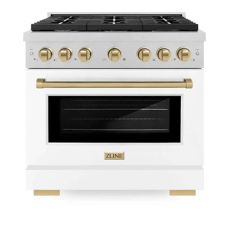 ZLINE 36"Gas Range, Convection Gas Oven, DuraSnow® White Matte, Champagne Bronze SGRSZ-WM-36-CB by Farmhouse Kitchen and Bath