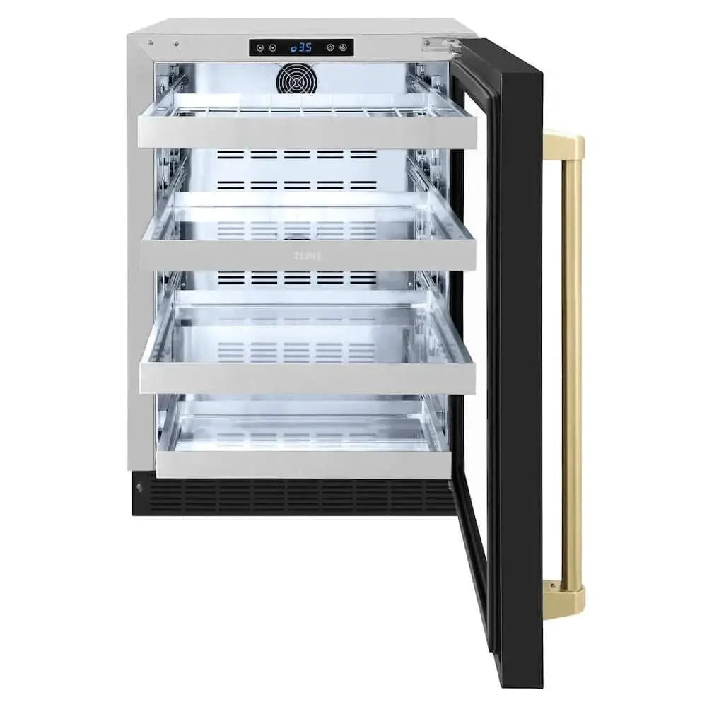 ZLINE 24" Touchstone 151 Can Beverage Fridge Black Matte Glass Door Champagne Bronze Handle RBSOZ-BLM-24-CB by Farmhouse Kitchen and Bath