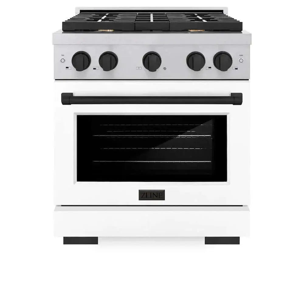 ZLINE 30"Gas Range, Convection Gas Oven, DuraSnow® White Matte, Matte Black SGRSZ-WM-30-MB by Farmhouse Kitchen and Bath
