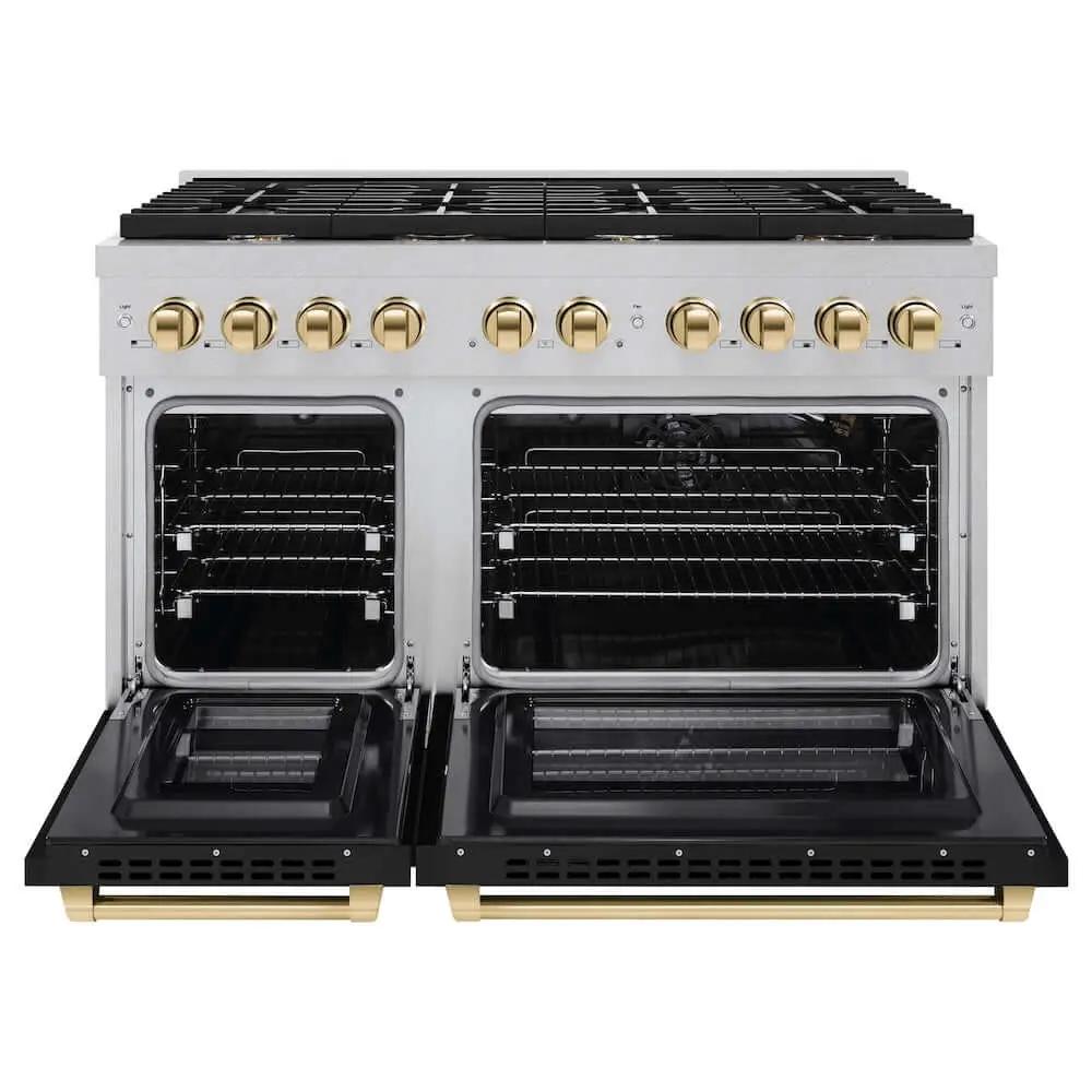 ZLINE 48"Gas Range, Convection Gas Oven, DuraSnow® Black Matte, Gold SGRSZ-BLM-48-G by Farmhouse Kitchen and Bath