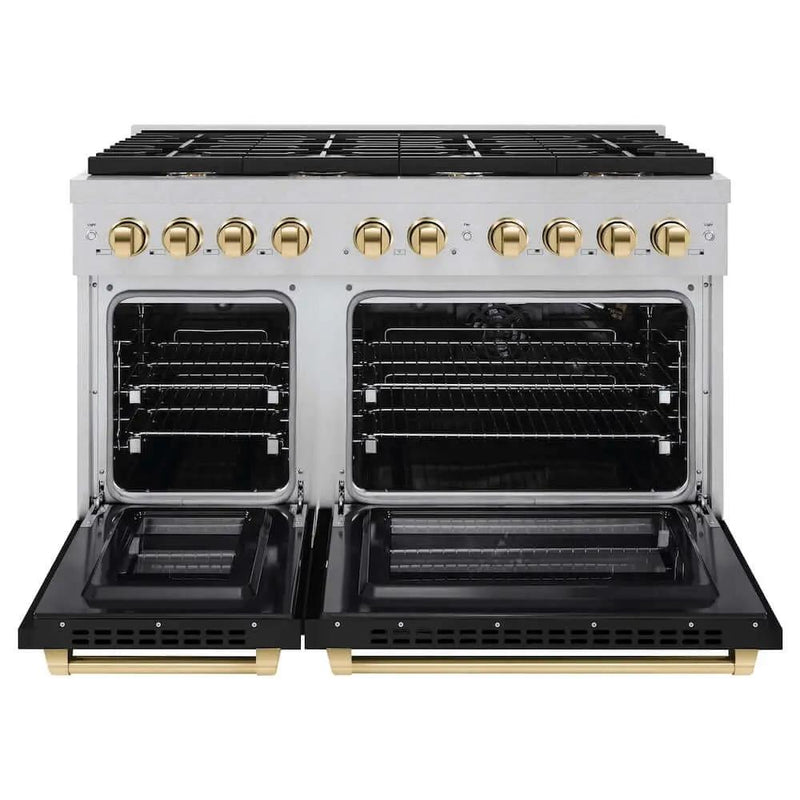 ZLINE 48"Gas Range, Convection Gas Oven, DuraSnow® Black Matte, Gold SGRSZ-BLM-48-G by Farmhouse Kitchen and Bath