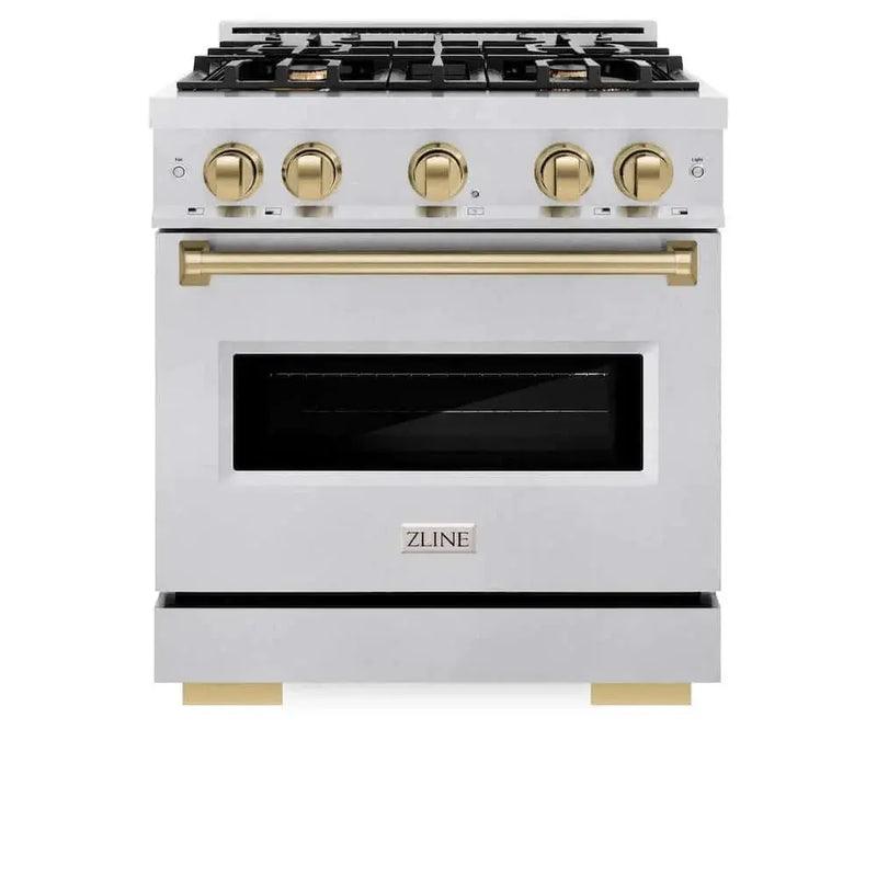 ZLINE 30" Dual Fuel Range, Gas Cooktop, Electric Convection Oven DuraSnow® Stainless Steel, Champagne Bronze CDRSZ-30-CB by Farmhouse Kitchen and Bath