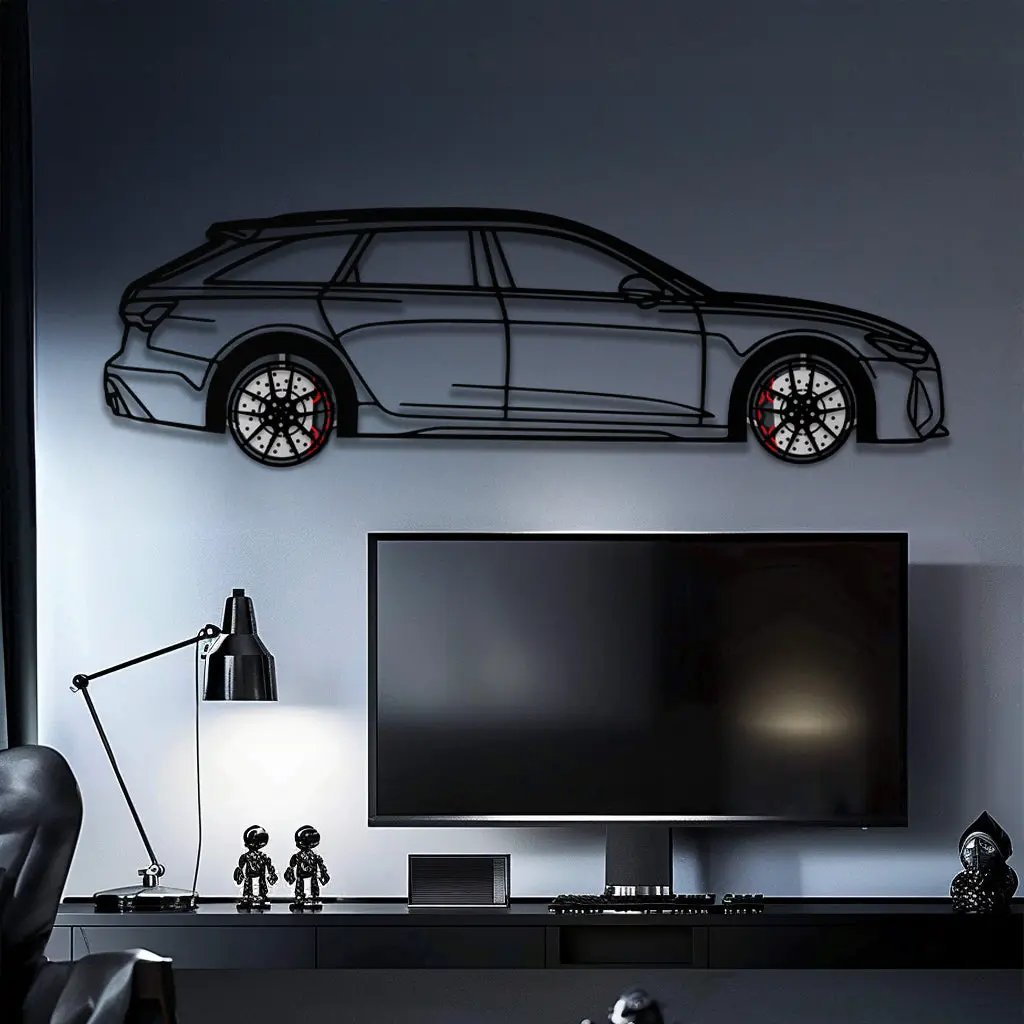 Audi RS6 Avant Metal Car Wall Art with Rotating Wheels - Super Wagon Silhouette Decor - Interactive Automotive Wall Art - KAFMEKA098 by Enova Art