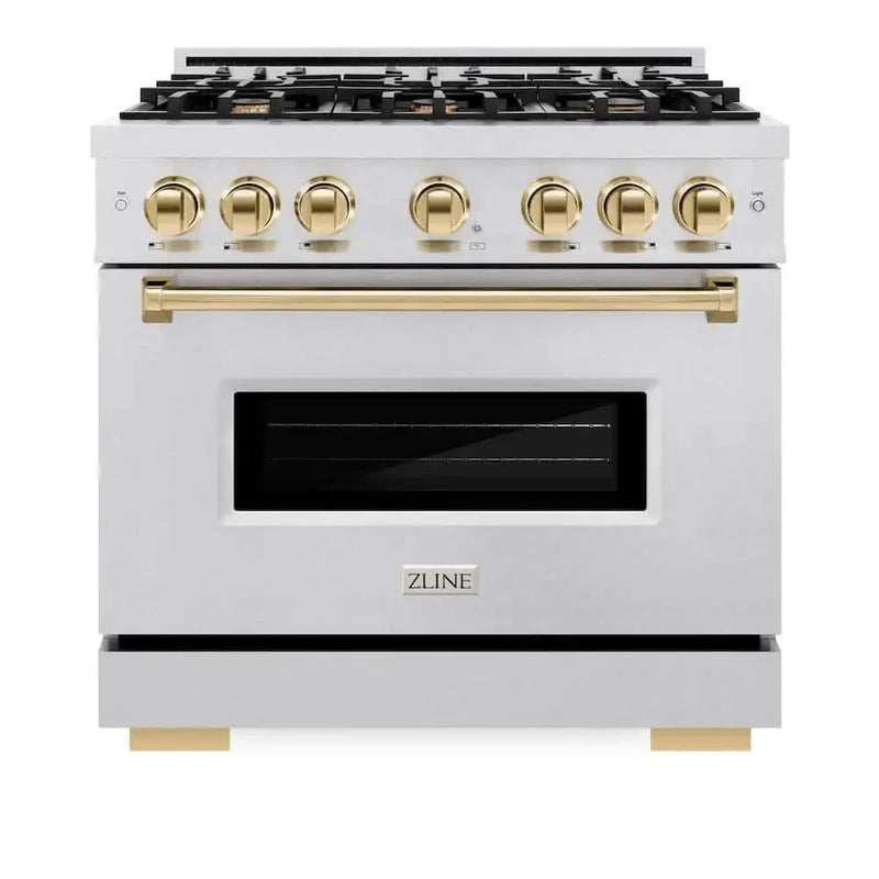 ZLINE 36" Dual Fuel Range, Gas Cooktop, Electric Convection Oven DuraSnow® Stainless Steel, Gold CDRSZ-36-G by Farmhouse Kitchen and Bath
