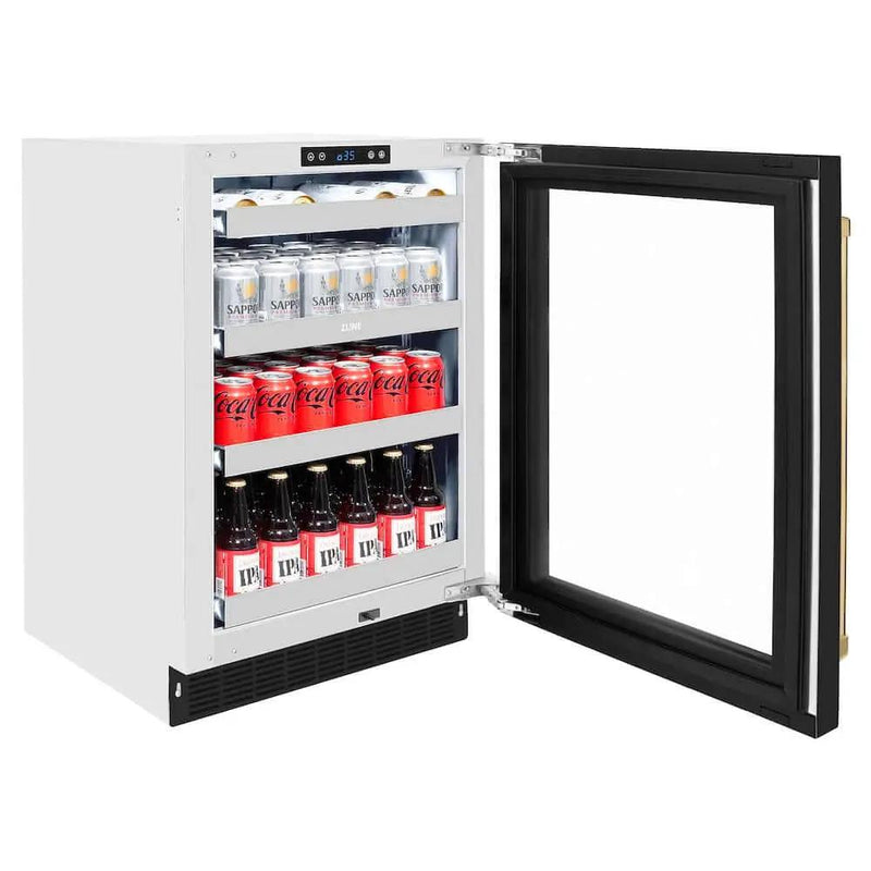 ZLINE 24" Touchstone 151 Can Beverage Fridge Black Matte Glass Door Gold RBSOZ-BLM-24-G by Farmhouse Kitchen and Bath