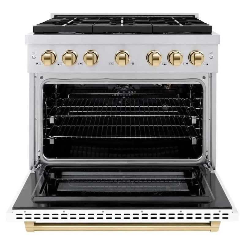 ZLINE 36"Gas Range, Convection Oven White, Gold, SGRZ-WM-36-G by Farmhouse Kitchen and Bath