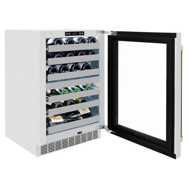 ZLINE 24" Touchstone Dual Zone 44 Bottle Wine Cooler DuraSnow® Stainless Steel Glass Door Champagne Bronze Handle RWDOZ-SN-24-CB by Farmhouse Kitchen and Bath