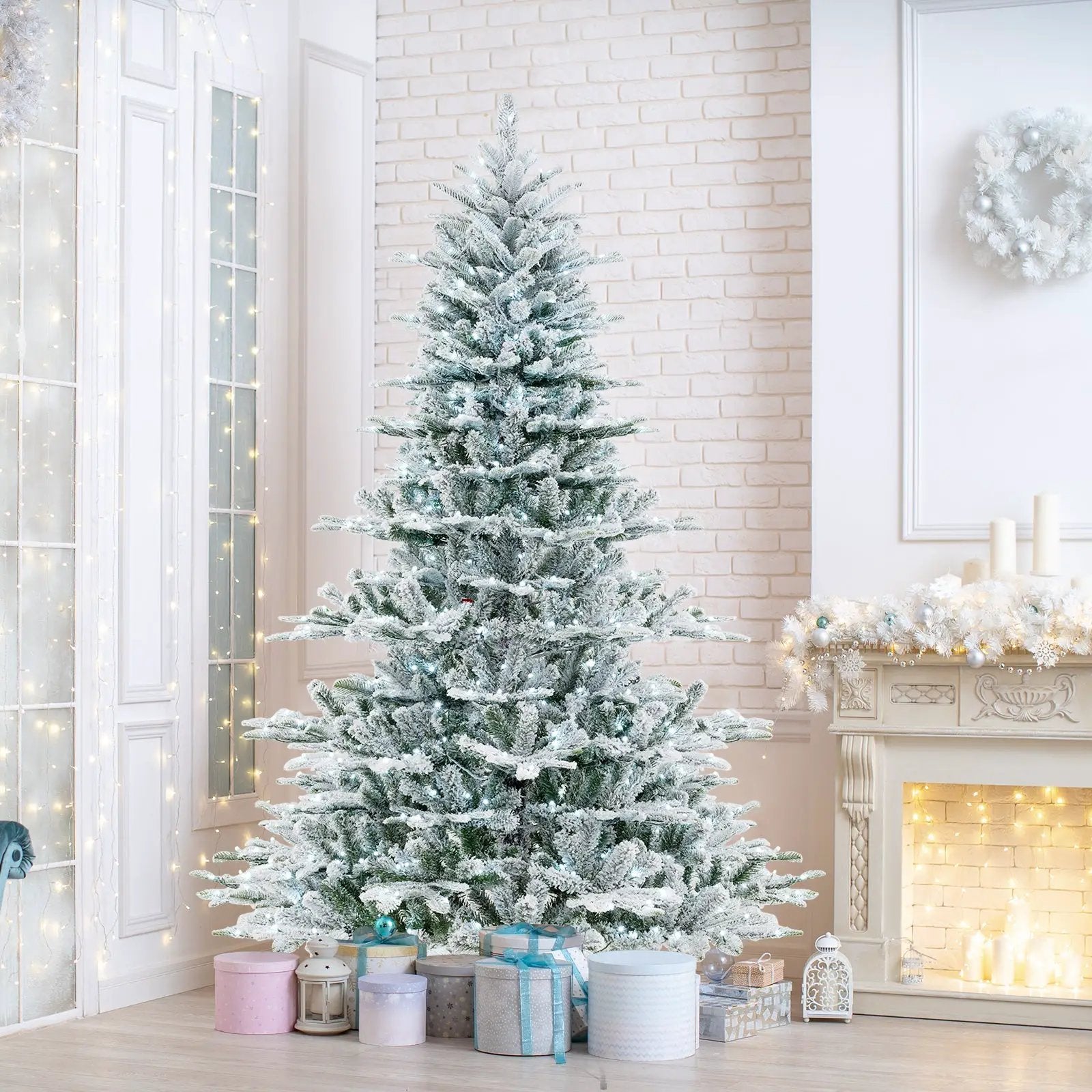 7 Feet Snow Flocked Artificial Christmas Tree with Cool White LED Lights by DirectDeals