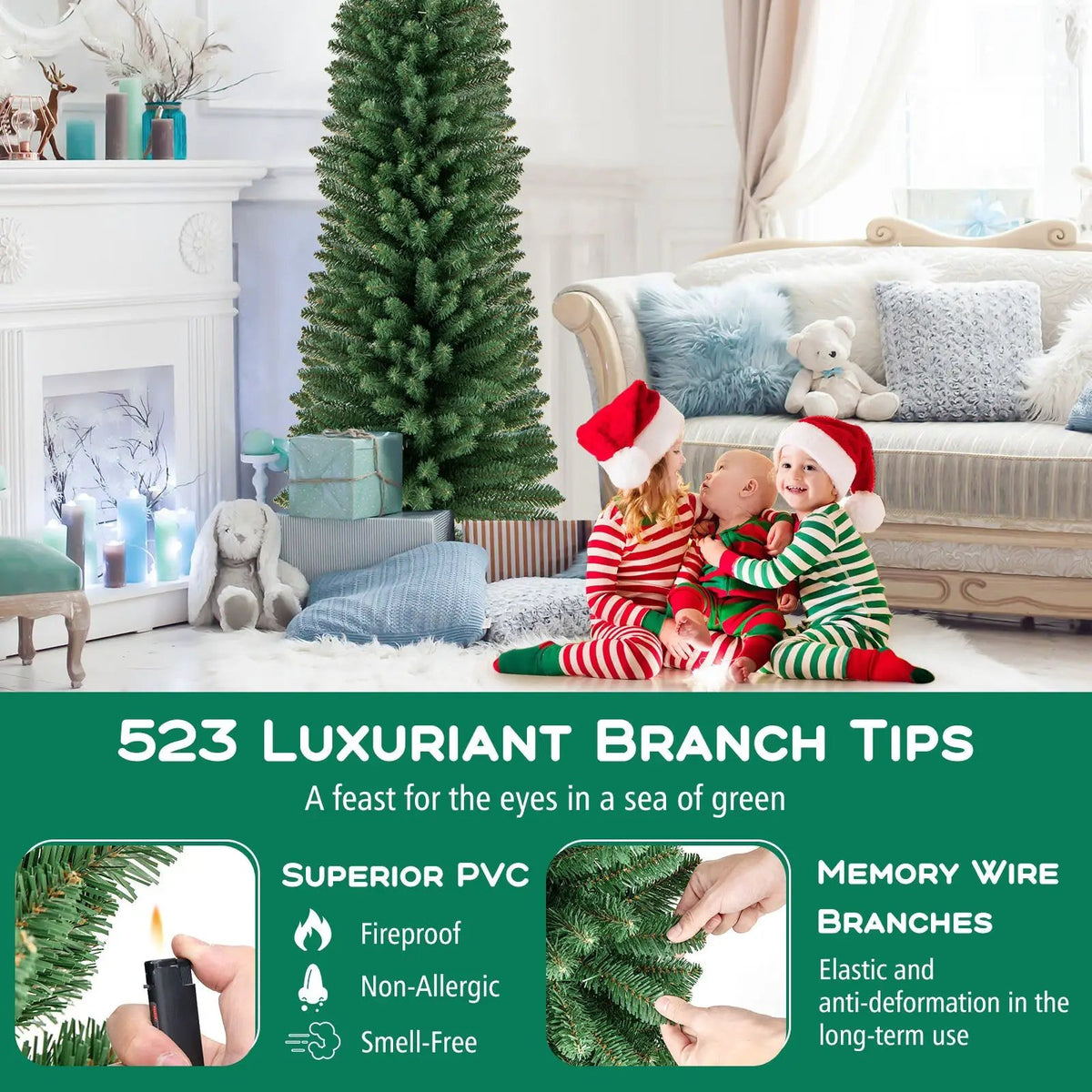 5/6/7/8 Feet Pencil Christmas Tree with 295/392/523/671 Memory Wire Branch Tips and Upgraded Metal Stand, photo 7 of 11