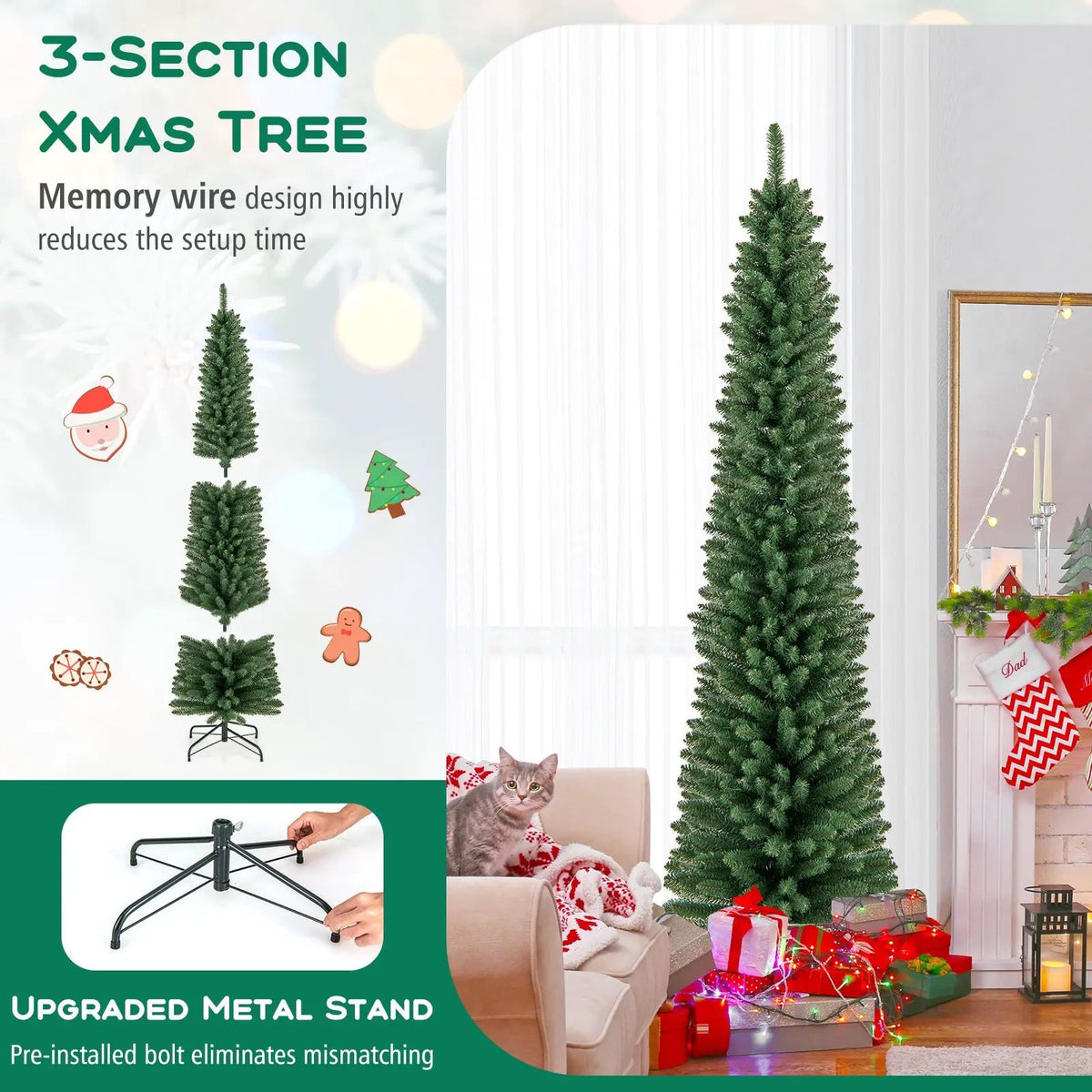 5/6/7/8 Feet Pencil Christmas Tree with 295/392/523/671 Memory Wire Branch Tips and Upgraded Metal Stand, photo 8 of 11
