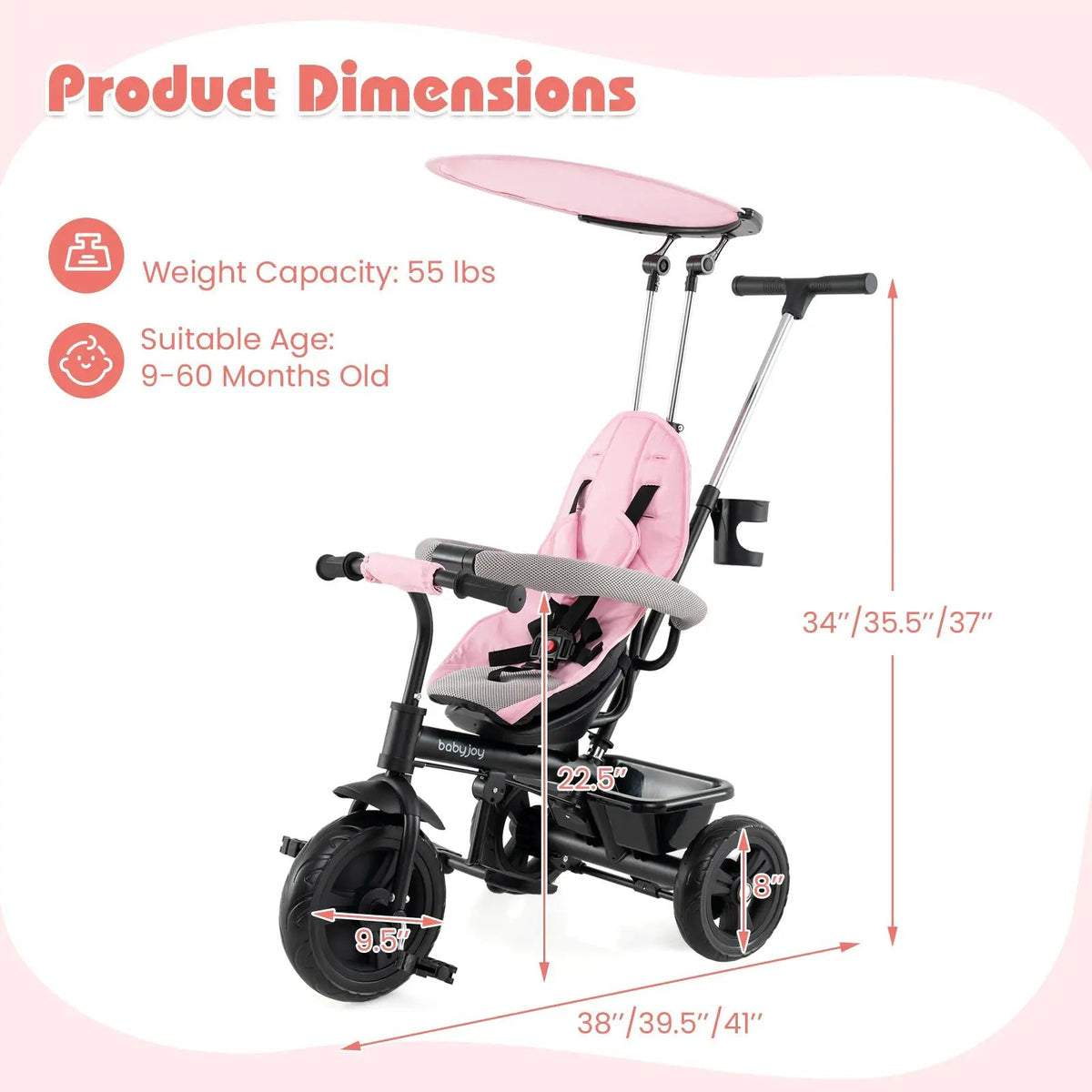 7-in-1 Baby Stroller Tricycle with Adjustable Canopy and Foldable Footrests for Ages 9-60 Months Old, photo 10 of 16