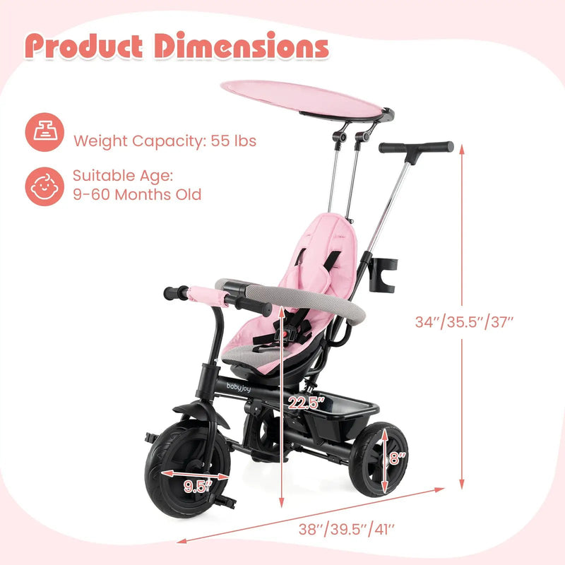 7-in-1 Baby Stroller Tricycle with Adjustable Canopy and Foldable Footrests for Ages 9-60 Months Old by DirectDeals