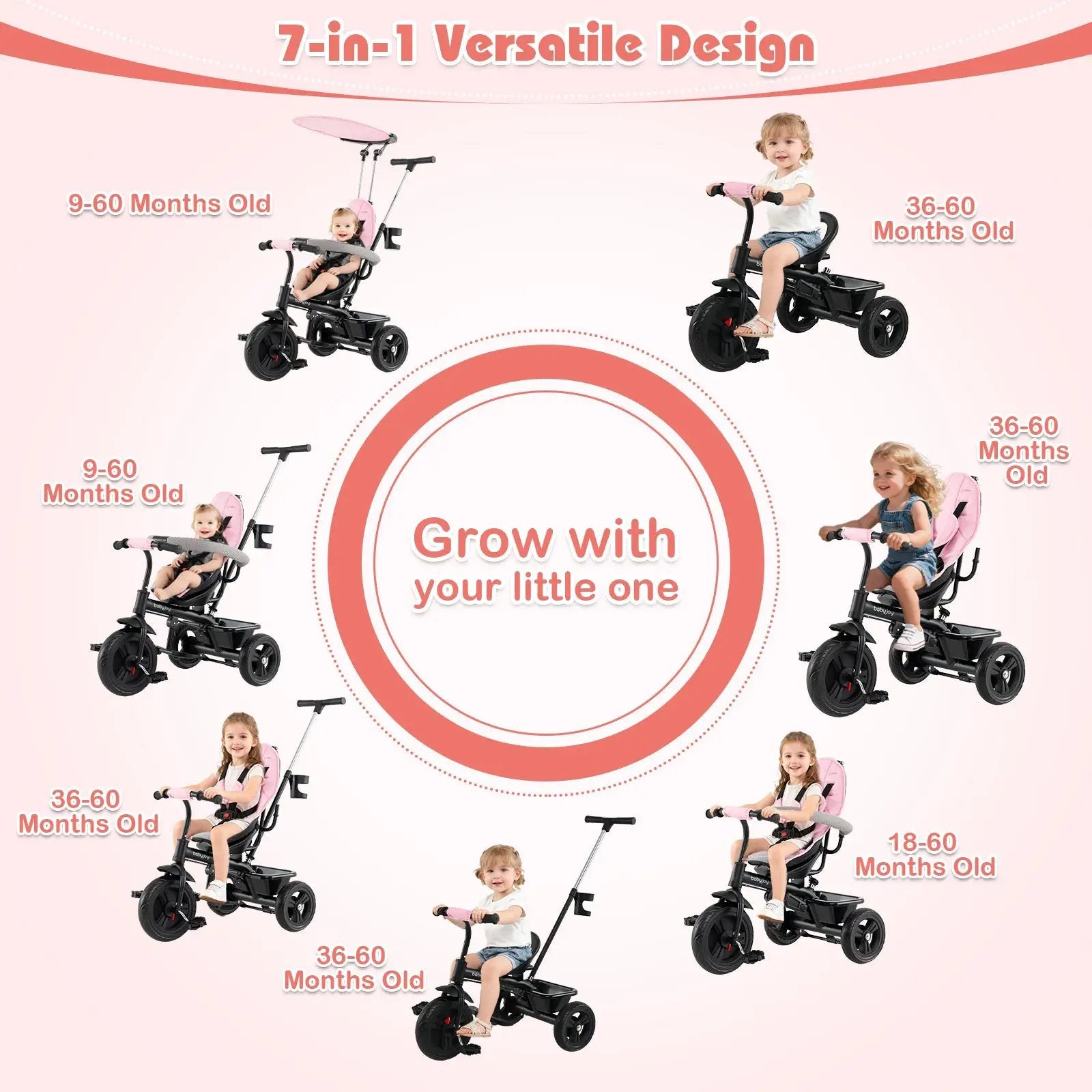 7-in-1 Baby Stroller Tricycle with Adjustable Canopy and Foldable Footrests for Ages 9-60 Months Old by DirectDeals
