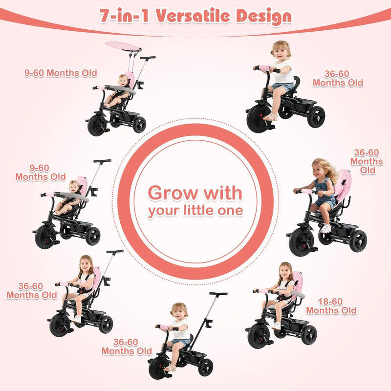 7-in-1 Baby Stroller Tricycle with Adjustable Canopy and Foldable Footrests for Ages 9-60 Months Old by DirectDeals