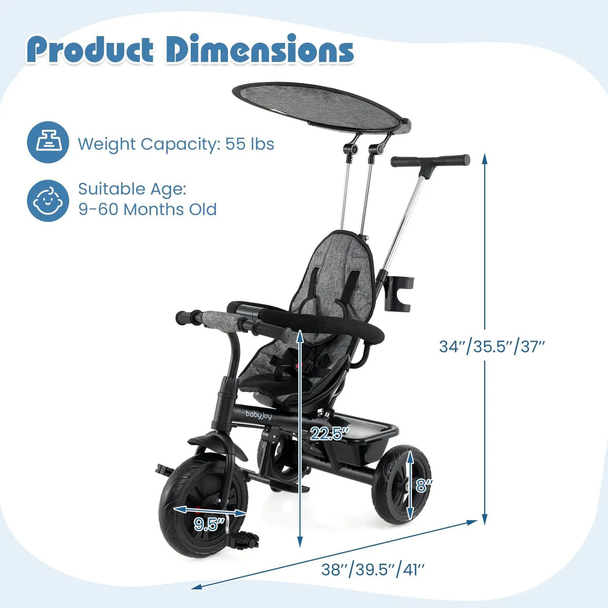 7-in-1 Baby Stroller Tricycle with Adjustable Canopy and Foldable Footrests for Ages 9-60 Months Old, photo 7 of 16