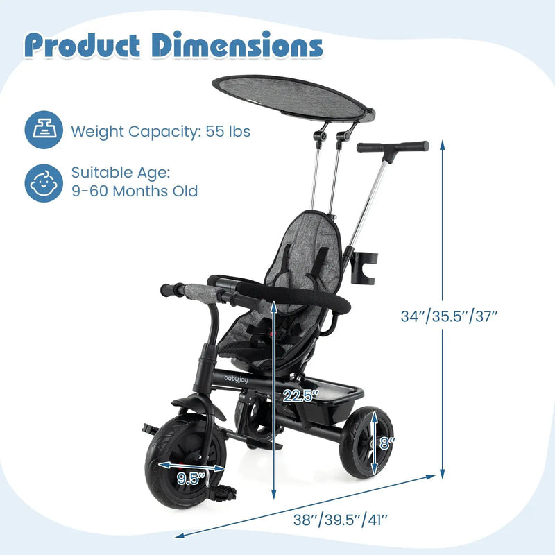 7-in-1 Baby Stroller Tricycle with Adjustable Canopy and Foldable Footrests for Ages 9-60 Months Old by DirectDeals